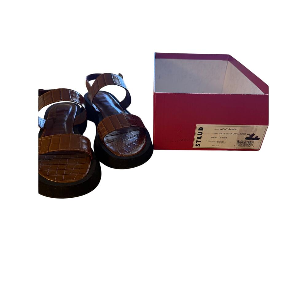STAUD Brown Croc-Embossed Leather Sandals